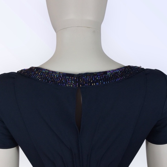 BCBGMaxAzria Navy Blue Beaded Blouse Multi-color Stretchy Short Sleeved Top - Picture 6 of 8